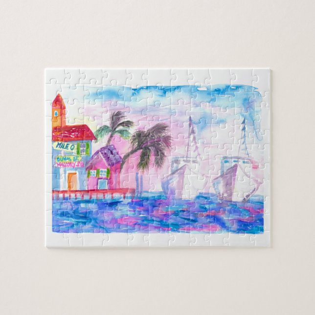 Schlüsselhafen West und Schiffe bei Sonnenuntergan Puzzle (Horizontal)