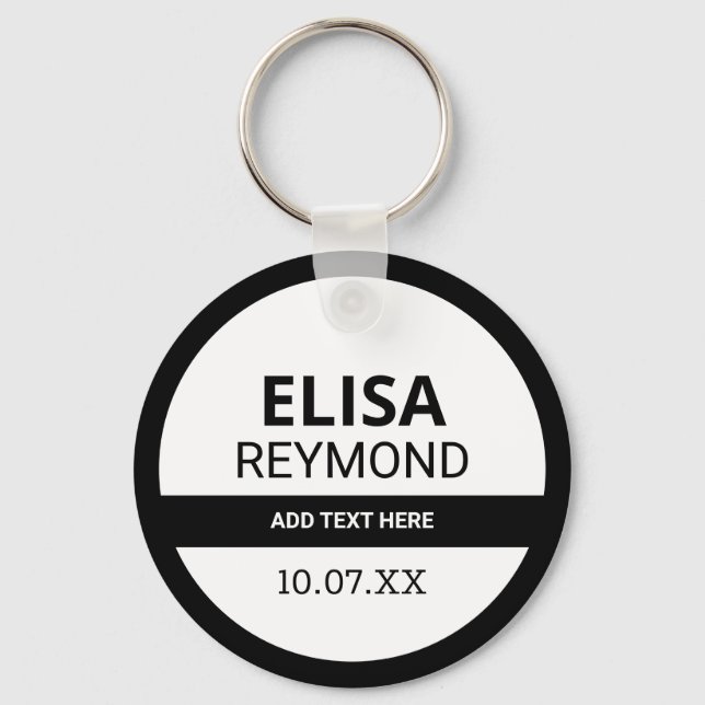 Schlüsselhalter mit Name und Datum auf schwarzweiß Schlüsselanhänger (Vorderseite)