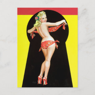 Schlüsselloch Blondine Pin Up Postkarte