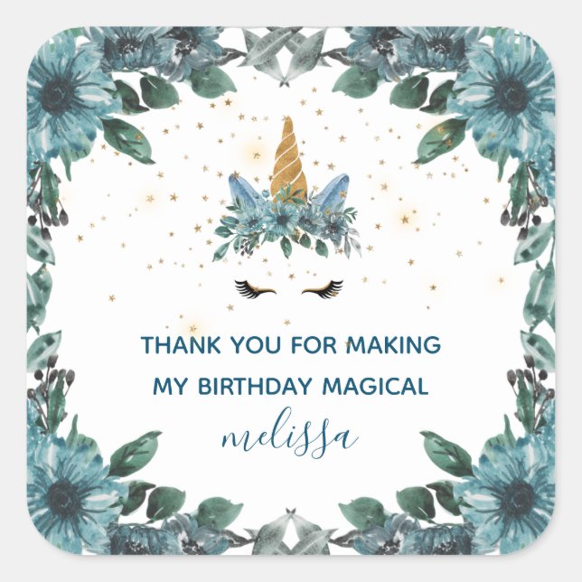 schmelzen unicorblau floralblau danke Ihnen Sticke Quadratischer Aufkleber (Vorderseite)
