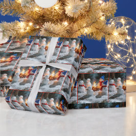 Schmelzende Schneemänner sitzen um ein Lagerfeuer  Geschenkpapier