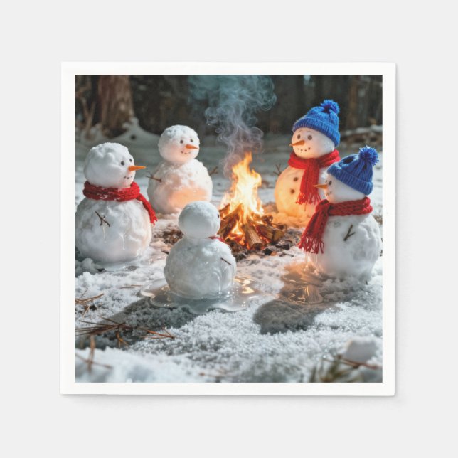 Schmelzende Schneemänner um ein Lagerfeuer Serviette (Vorderseite)