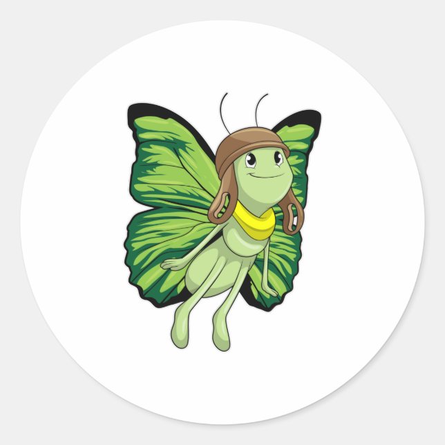 Schmetterling als Pilot mit Pilotenhut Runder Aufkleber (Vorderseite)