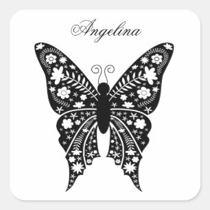 Schmetterling Artsy Elegant Schwarz und Weiß Name Quadratischer Aufkleber