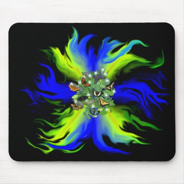 Schmetterling auf blaugrünem Regenbogen mit Sterne Mousepad (Vorne)