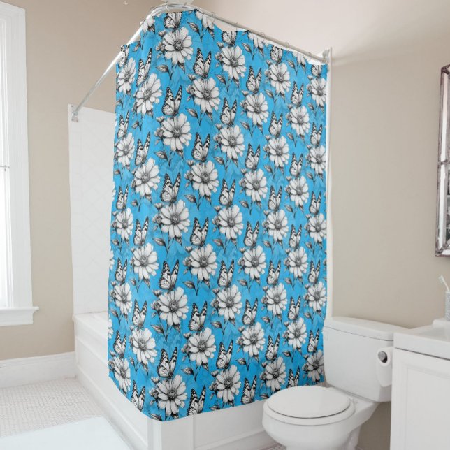 Schmetterling auf Blume Muster Blaues Design Duschvorhang (Von Creator hochgeladen)