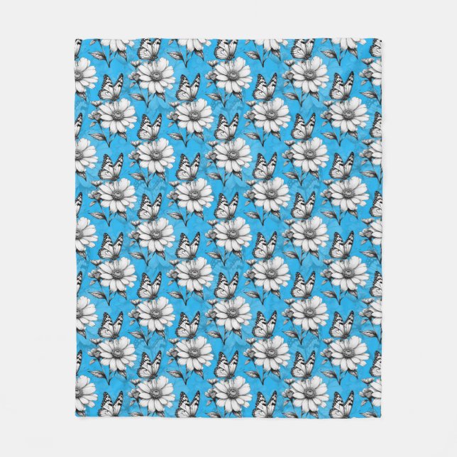 Schmetterling auf Blume Muster Blaues Design Fleecedecke (Vorderseite)