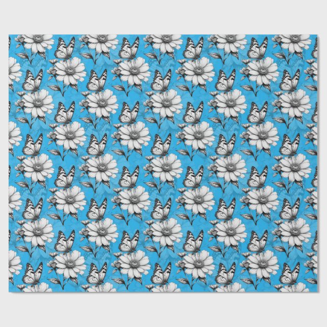 Schmetterling auf Blume Muster Blaues Design Geschenkpapier (Flach)