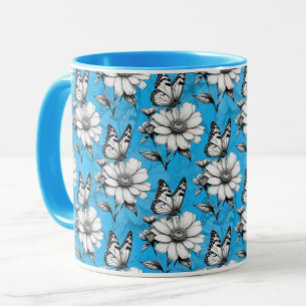 Schmetterling auf Blume Muster Blaues Design Tasse