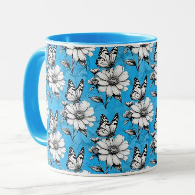 Schmetterling auf Blume Muster Blaues Design Tasse (Von Creator hochgeladen)