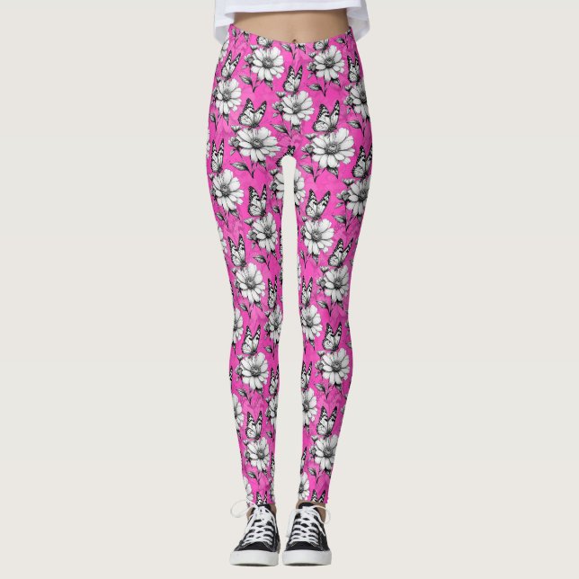 Schmetterling auf Blume Muster rosa Design Leggings (Vorderseite)