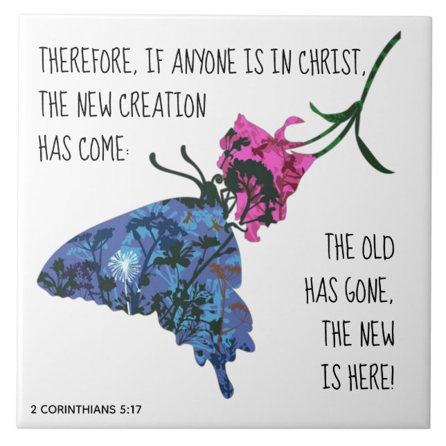 Schmetterling auf Blume, Verse aus 2 Korinthen 5:1 Fliese (Vorderseite)