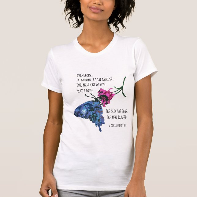 Schmetterling auf Blume, Verse aus 2 Korinthen 5:1 T-Shirt (Vorderseite)
