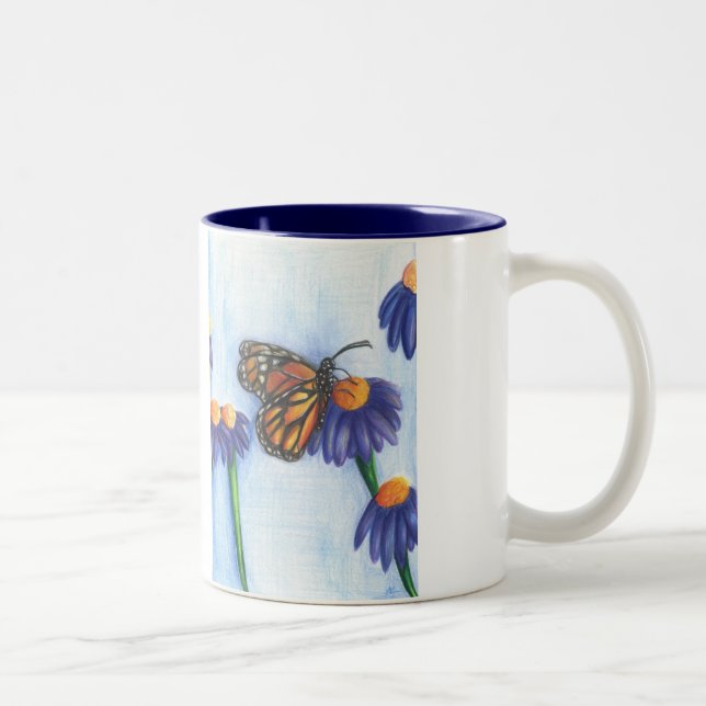 Schmetterling auf Blumen-Tasse 11oz (Weiß/Marine) Zweifarbige Tasse (Rechts)