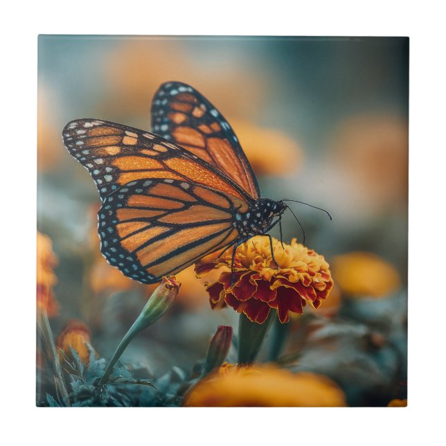 Schmetterling auf einer Ringelblume Fliese (Vorderseite)