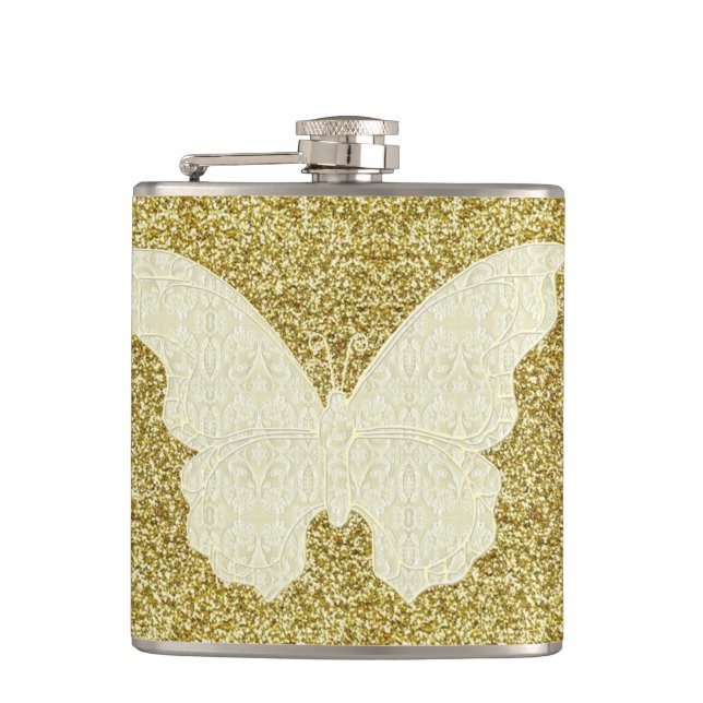 Schmetterling auf Gold Glitzer Flask Flachmann (Vorderseite)