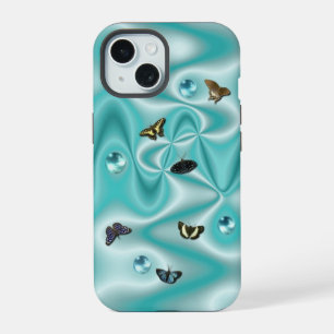 Schmetterling auf grüner Seide mit Perlen iPhone 15 Hülle