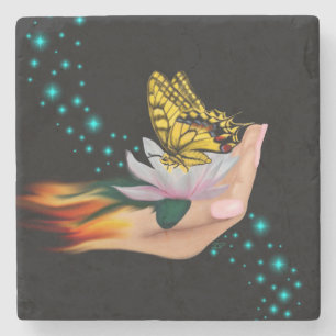 Schmetterling auf Lotus Bloom Steinuntersetzer