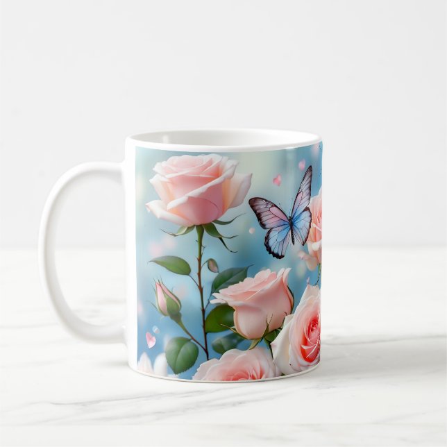 Schmetterling auf rosa Blume Kaffeetasse (Links)