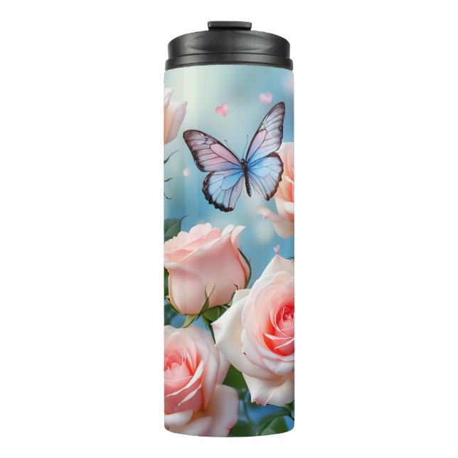 Schmetterling auf rosa Blume Thermosbecher (Vorderseite)