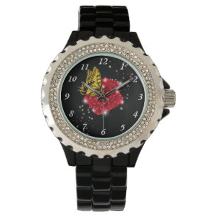 Schmetterling auf rote Rose mit Sternen und Regent Armbanduhr
