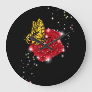 Schmetterling auf rote Rose mit Sternen und Regent Große Wanduhr