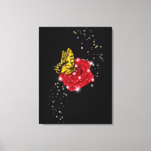 Schmetterling auf rote Rose mit Sternen und Regent Leinwanddruck
