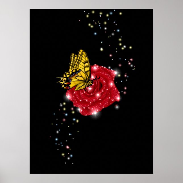Schmetterling auf rote Rose mit Sternen und Regent Poster (Vorne)