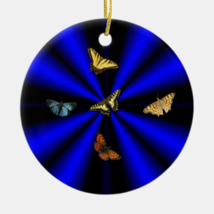 Schmetterling auf schwarzem und blauem Regenbogen Keramik Ornament