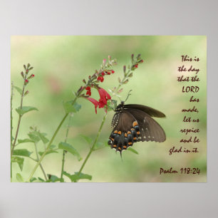 Schmetterling auf Wildblume, mit Psalm 118:24 Poster
