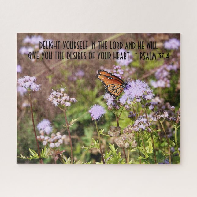 Schmetterling auf Wildblumen mit Vers aus Psalm 37 Puzzle (Horizontal)