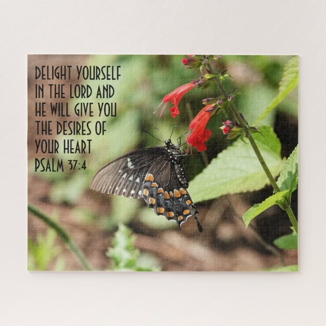 Schmetterling auf Wildblumen mit Vers aus Psalm 37 Puzzle (Horizontal)