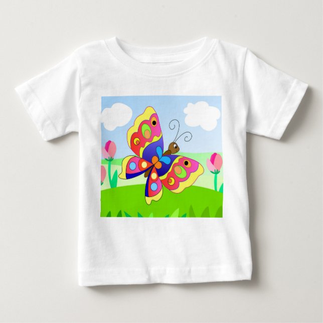 Schmetterling aus hellem Cartoon unter Blume Baby T-shirt (Vorderseite)