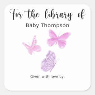 Schmetterling Baby Shower Buchbesitzschild, Bücher Quadratischer Aufkleber
