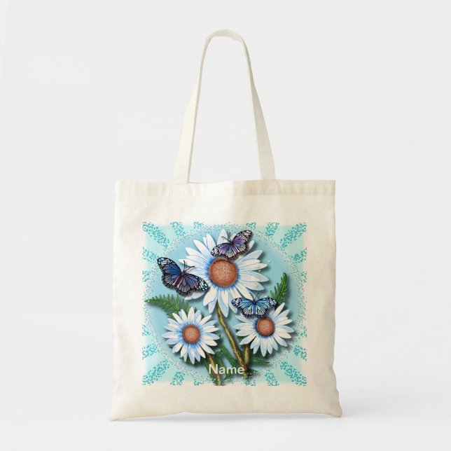 Schmetterling Blaue Gänseblümchen Tragetasche (Vorne)