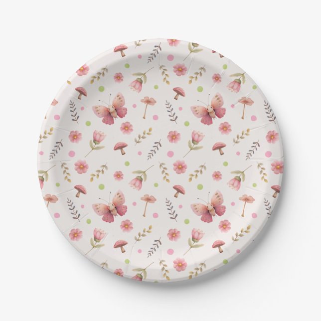 Schmetterling & Blumen Pastellrosa Botanisch Pappteller (Vorderseite)