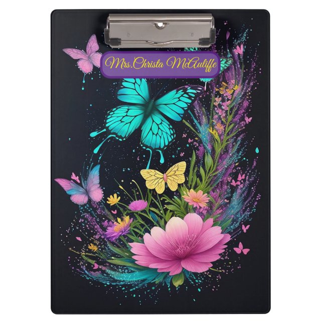 Schmetterling Blumengelb-Rosa niedlicher Lehrer Klemmbrett (Vorderseite)