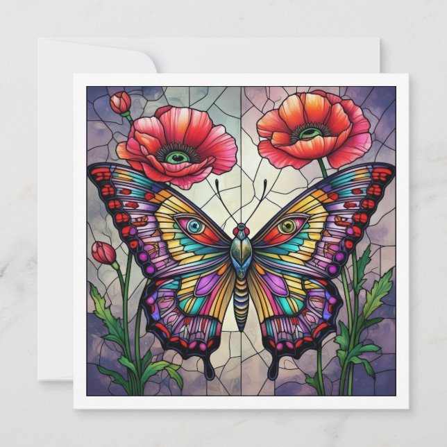 Schmetterling Buntglasdesign Mohnblume Karte (Vorderseite)