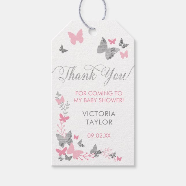 Schmetterling Danke, Tag, Rosa, Silber Geschenkanhänger (Vorderseite)