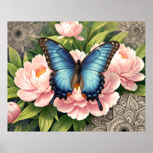 Schmetterling der blauen Schwalbenschwanz-Blumen-B Poster