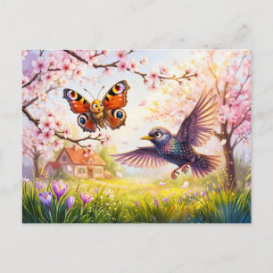 Schmetterling, der von einem Vogel bei Kirschblüte Postkarte