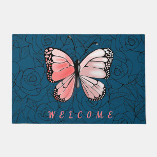 Schmetterling-Doormat mit Rose - Willkommen Fußmatte