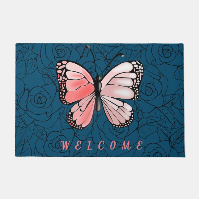 Schmetterling-Doormat mit Rose - Willkommen Fußmatte (Vorderseite)