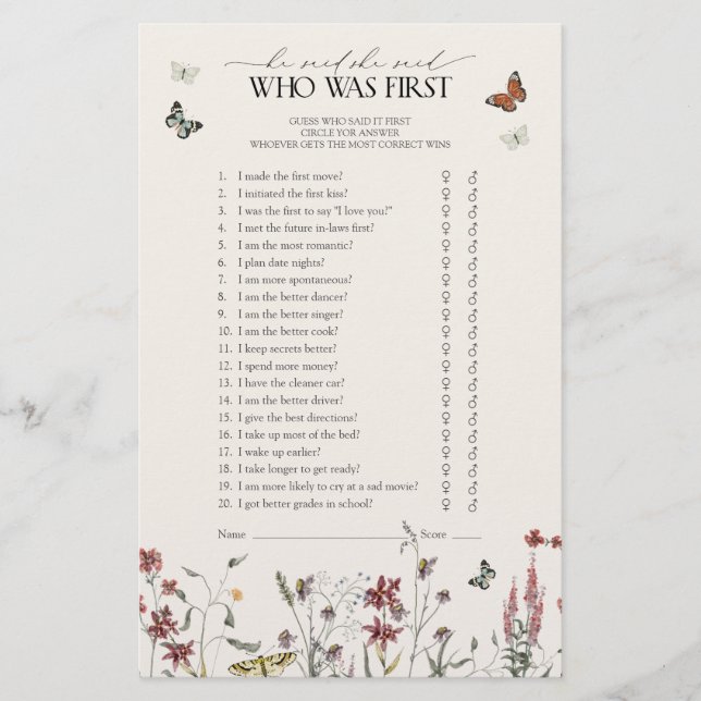 Schmetterling Er sagte, sie sagte Wildblume Duschs (Vorderseite)