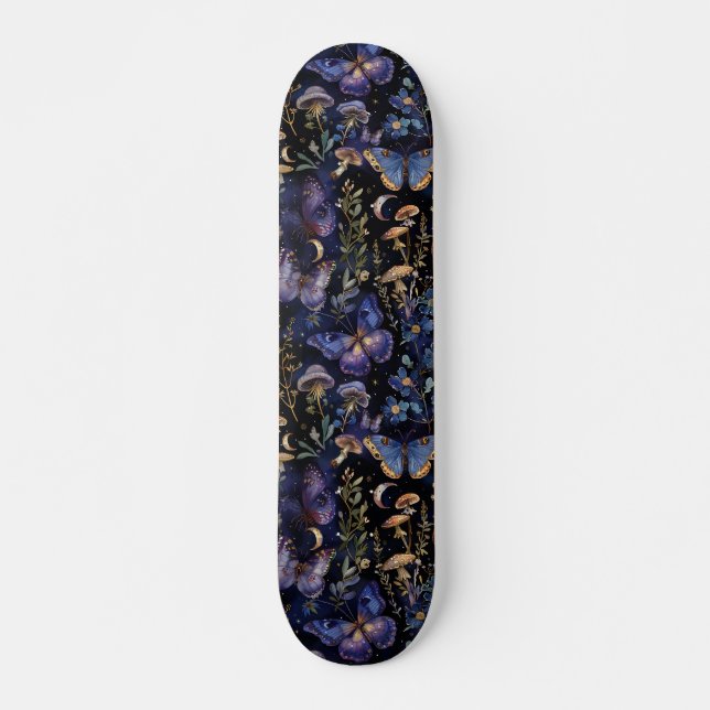Schmetterling Floral Himmelsmystik Dunkles Muster Skateboard (Vorne)
