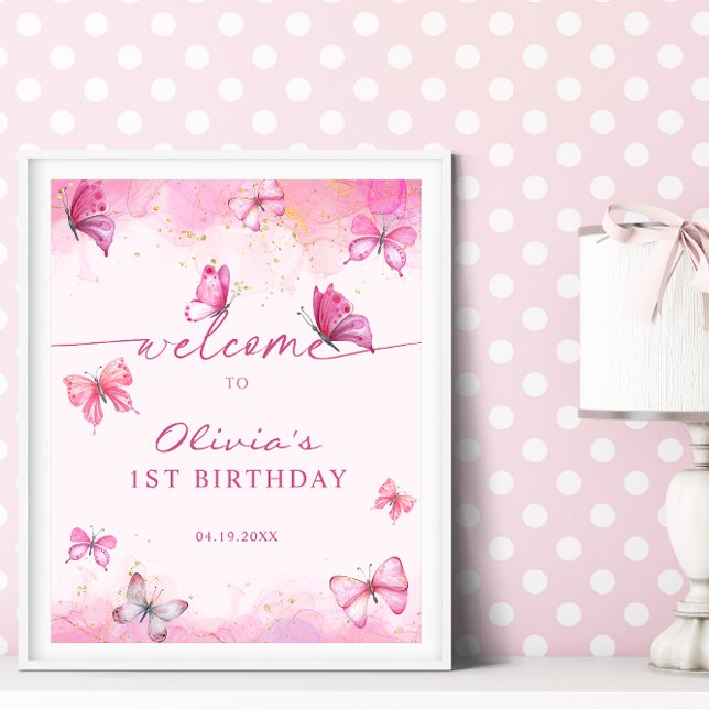 Schmetterling Geburtstag Rosa & Gold Staub Willkom Poster (Von Creator hochgeladen)