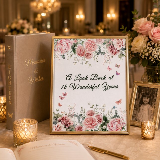 Schmetterling Gedenktisch-Schild Poster (Elegant framed memory table sign with blush roses, butterflies, and romantic debut styling.)