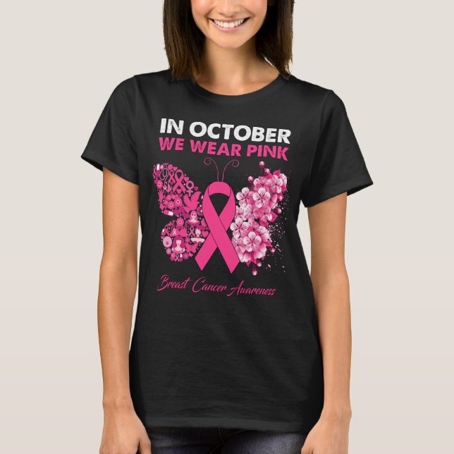 Schmetterling im Oktober tragen wir rosa Brustkreb T-Shirt (Vorderseite)