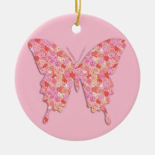 Schmetterling in Blume - rosa, orange Keramik Ornament
