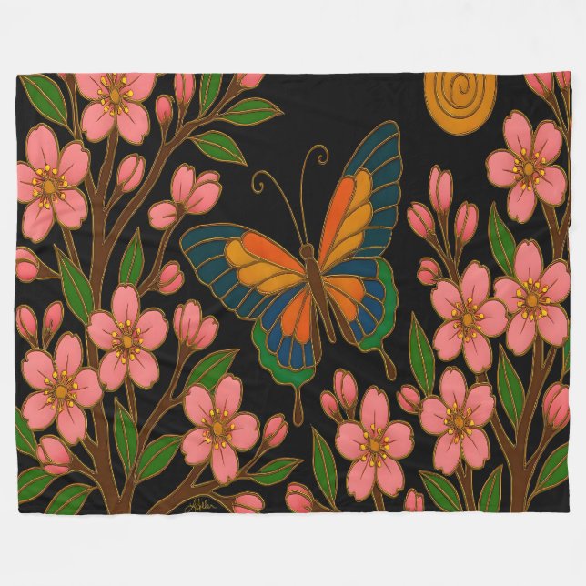 Schmetterling Kirschblüten Mond Fleecedecke (Vorderseite (Horizontal))